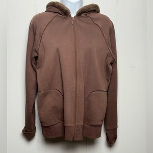 Sport Savvy Chocolate Brown Zip-Up Sweatshirt Faux Satin Lined Fur Hood Size S